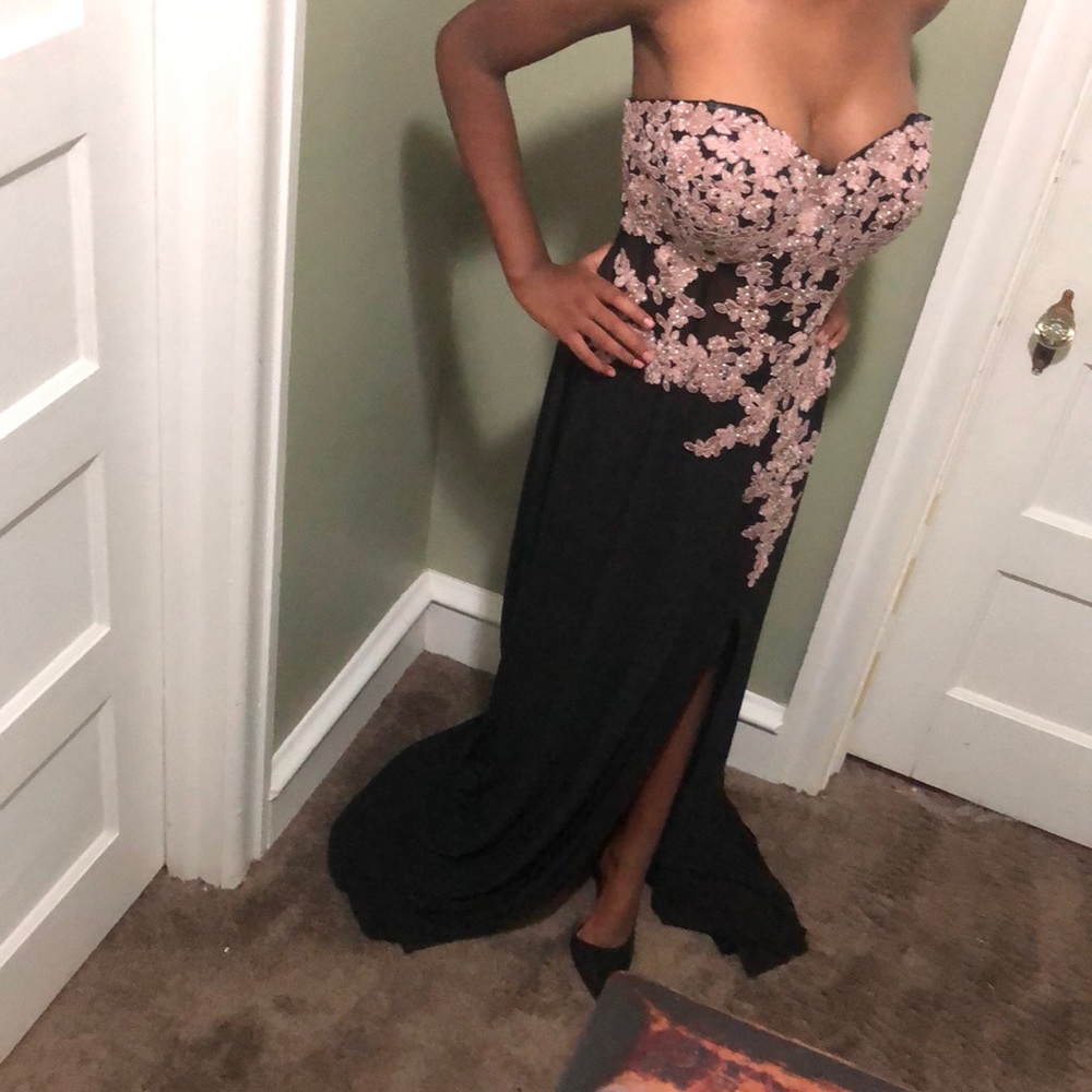 NWOT Black Gown with pink flower Appliqué
